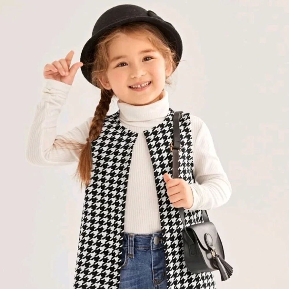 SHEIN Young Girl Houndstooth Print Open Front Vest Coat
